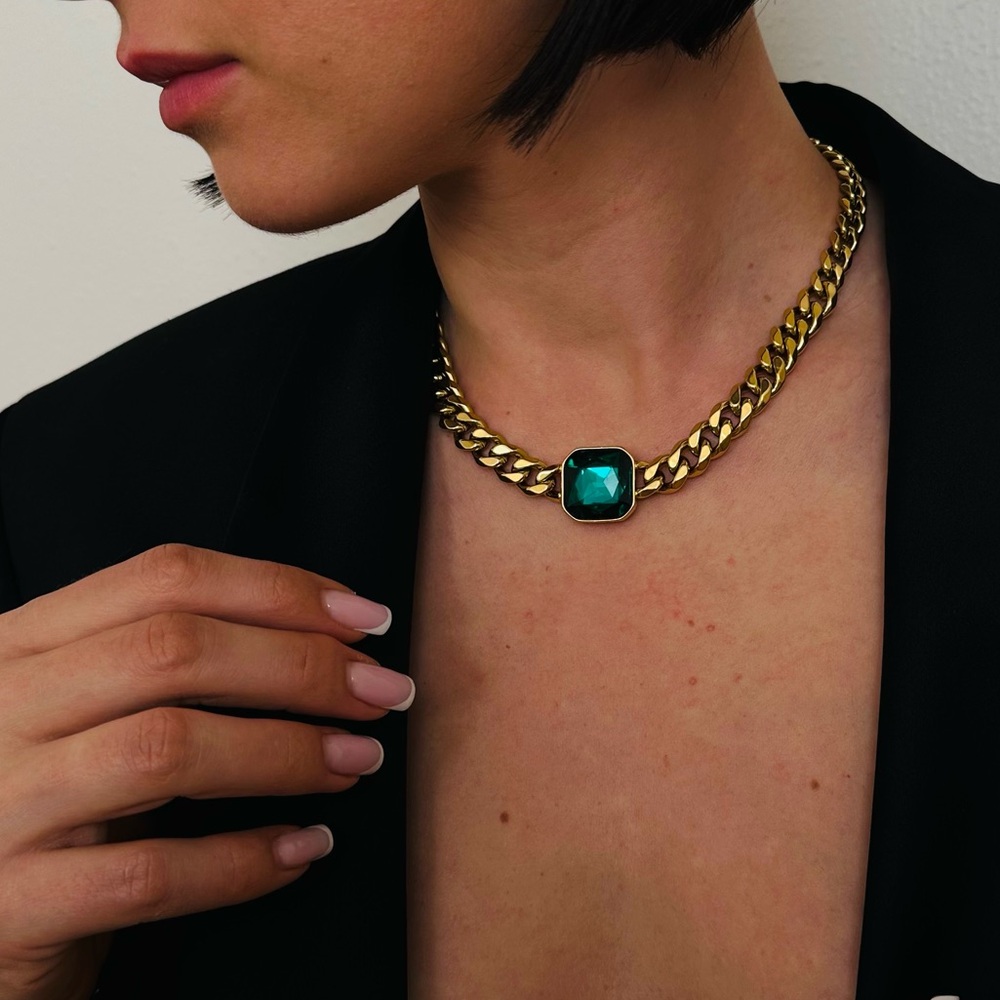 New Gold Choker Necklace with Emerald Gemstone Thick Cuban Chain Statement